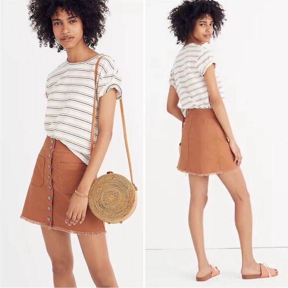 Madewell High Waist Snap Button Skirt Tan Denim Raw Hem Pockets Mini Pencil - Picture 3 of 15